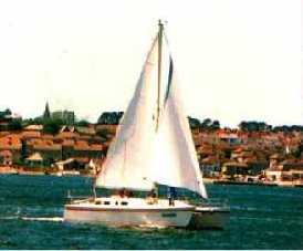 Round bilge Mira leaving Plymouth off to Brazil